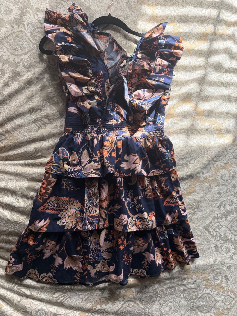Anthropologie Navy Floral Ruffled  Dress